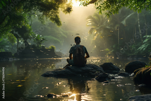 A man admires nature near a pond in the forest. A man is in harmony with nature. Generated by artificial intelligence
