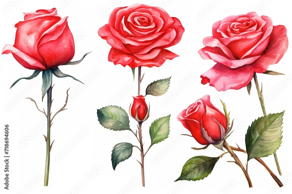set red rose, beautiful flower on an isolated white background, watercolor illustration, botanical painting. Generative Ai