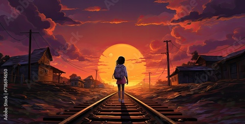 A girl standing on a railway, evoking a sense of contemplation or solitude.