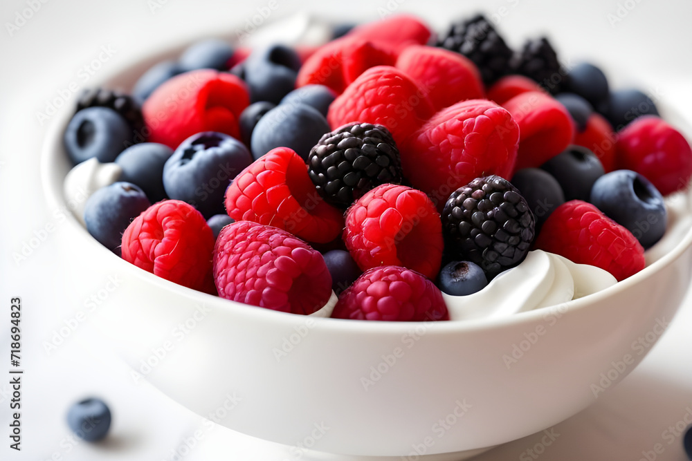 A bowl of fresh mixed berries with a dollop of whipped cream A bowl of fresh mixed berries with a dollop of whipped cream