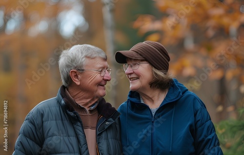 happy senior couple smiles while taking a walk gently around their shoulders in the fall park, friendly eyes, trust and respect. generative AI