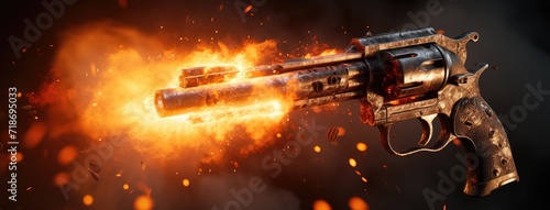 An intense image featuring a powerful gun with flames erupting from its barrel, capturing the force and firepower.