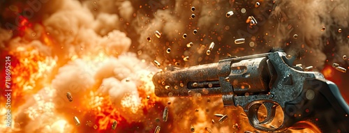 Photo An intense image featuring a powerful gun with flames erupting from its barrel, capturing the force and firepower