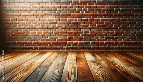 Simple yet elegant brick wall with a rustic wood floor.
Generative AI.