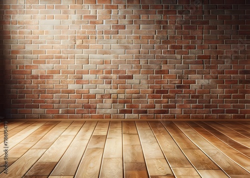 Artistic interior wall of bricks with a honey wood floor. Generative AI.