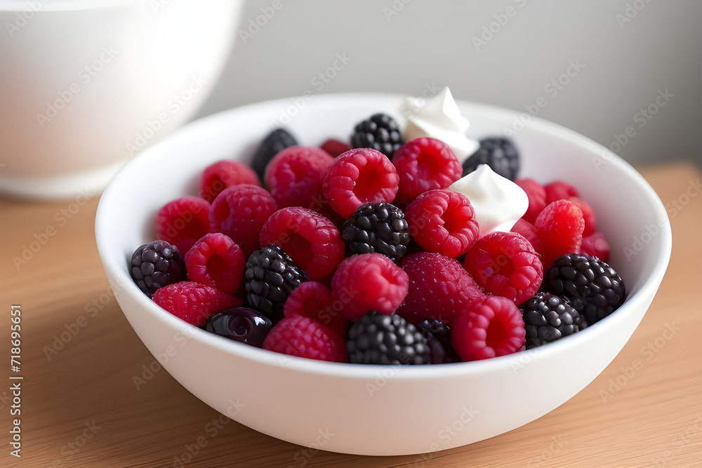 A bowl of fresh mixed berries with a dollop of whipped cream A bowl of fresh mixed berries with a dollop of whipped cream