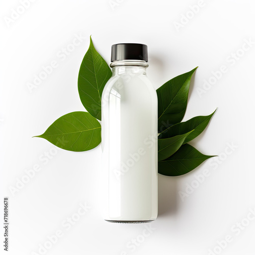 Clean and Fresh Supplement Bottle Mockup: Blank Label on White Background with Botanical Accent  © Sri