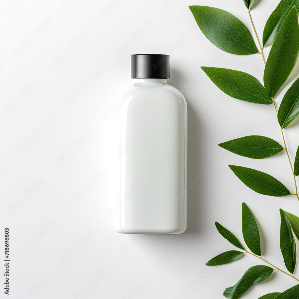 Clean and Fresh Supplement Bottle Mockup: Blank Label on White Background with Botanical Accent Clean and Fresh Supplement Bottle Mockup: Blank Label on White Background with Botanical Accent