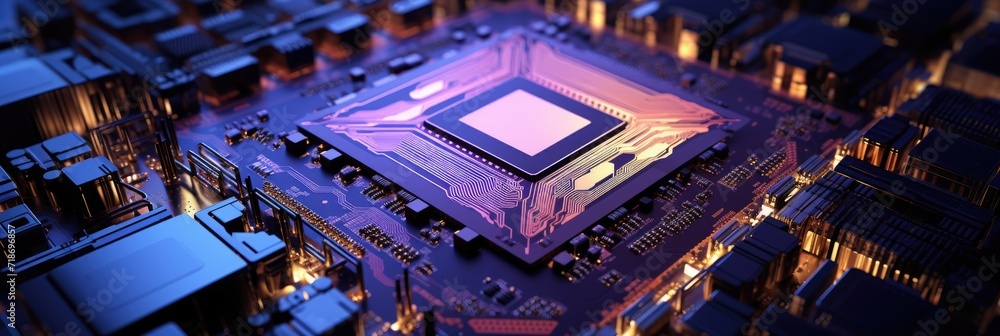 The image showcases a sci-fi circuit board with hyper-realistic details, bringing futuristic technology to life.