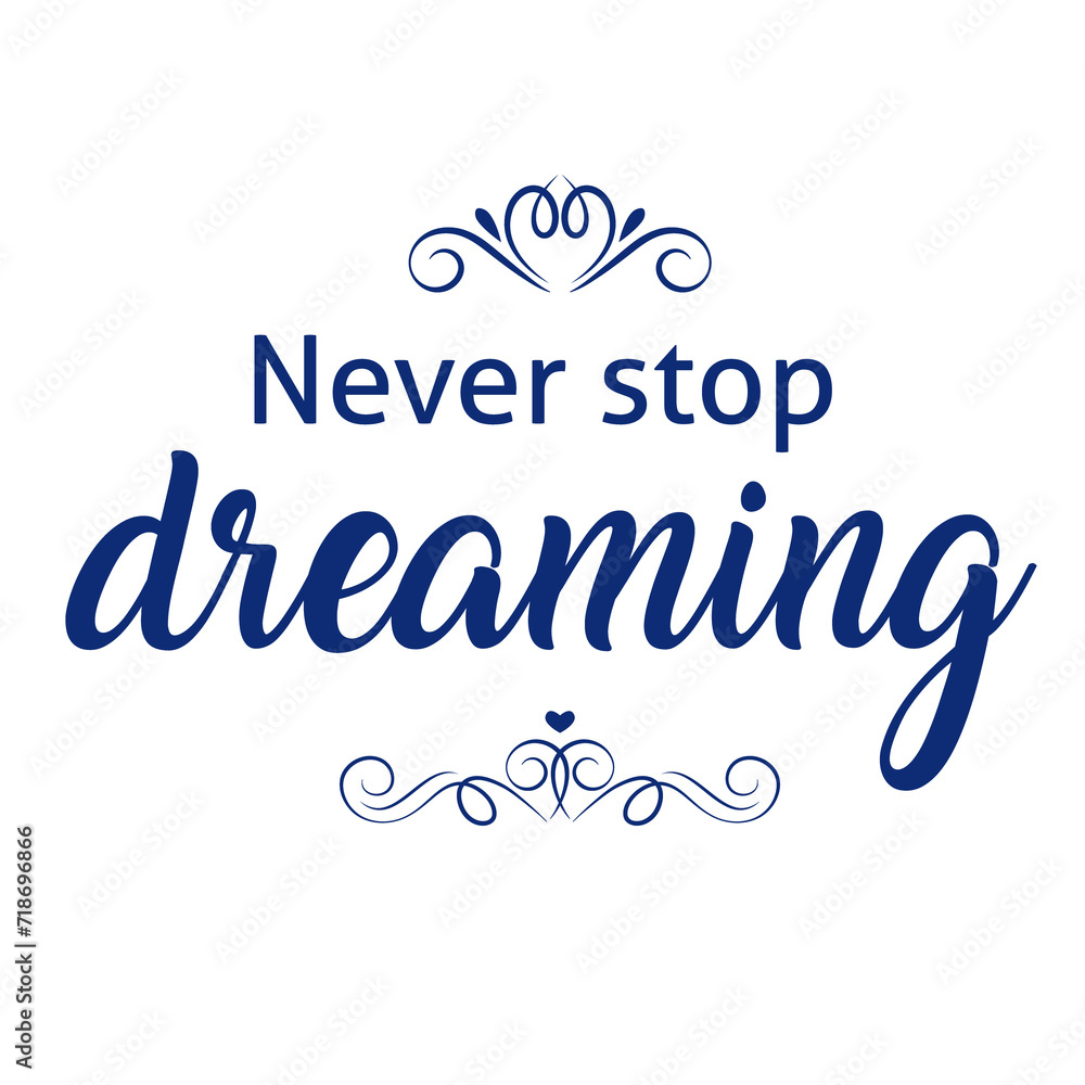 Motivational quote. Motivational typography. Calligraphy. A poster that says Never stop dreaming.