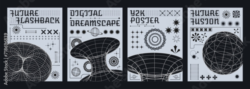 Set of retro futuristic flyers. Vector realistic illustration of y2k vibe posters with wireframe torus and globe shapes, black star, line, flower signs decoration, retrowave aesthetic banners