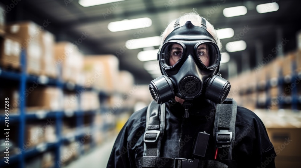 Gas maskwearing officers assess a chemical leak in an industrial