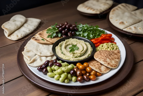 A platter of Mediterranean mezze with hummus, olives, and pita bread