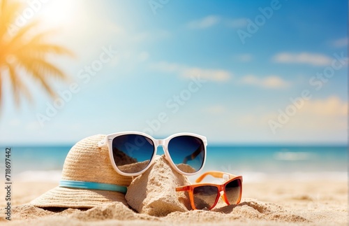 Sunglasses on bright sand beach, travel theme