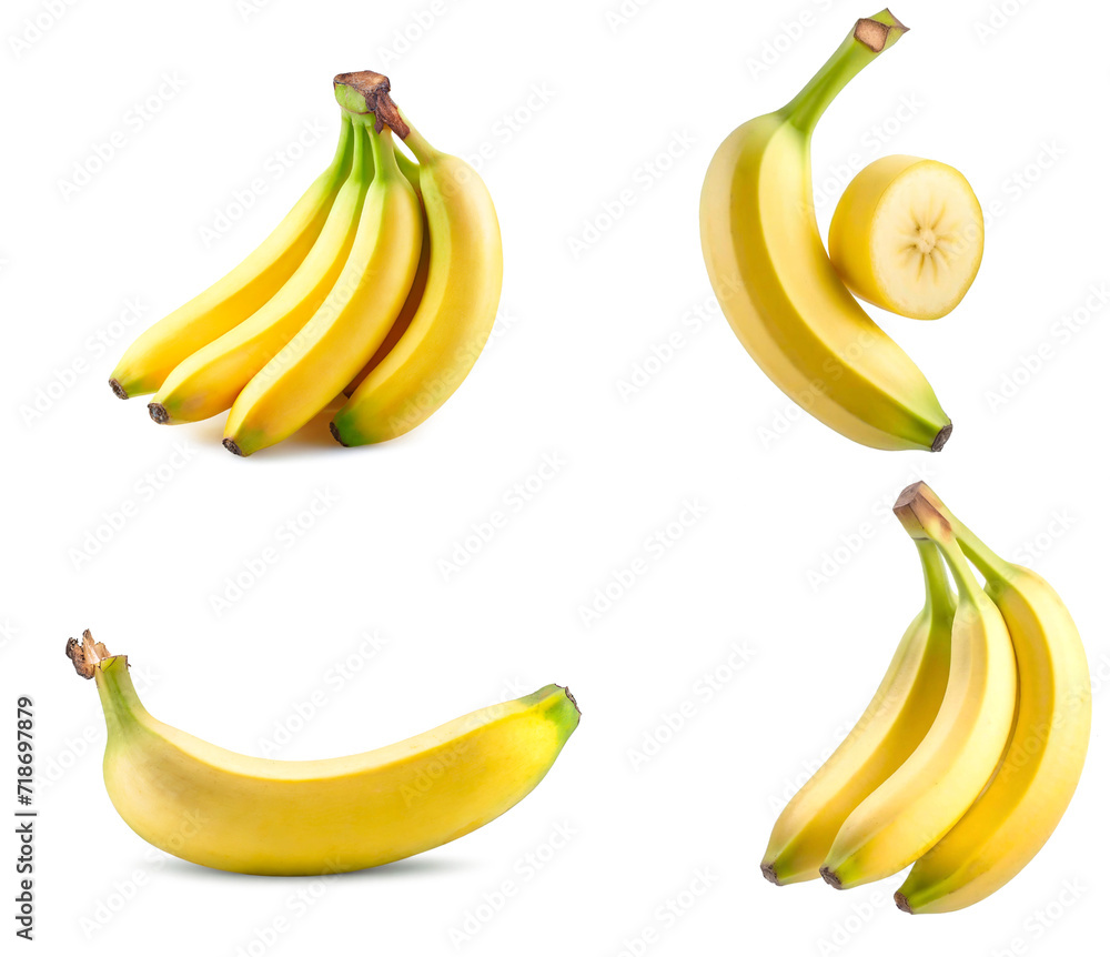 A set of ripe different bananas on a white background