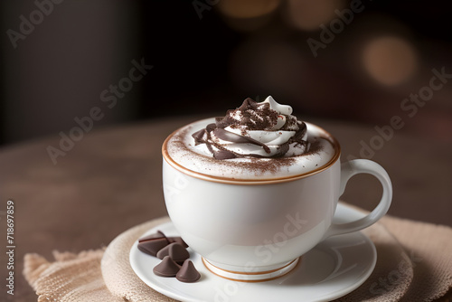A cup of rich hot cocoa with a dollop of whipped cream