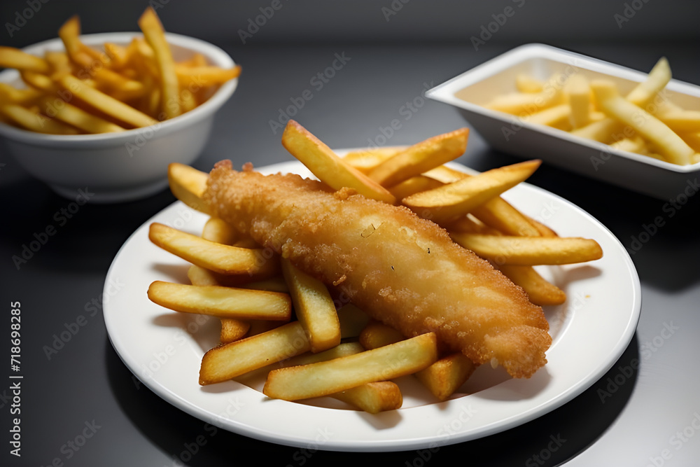 A plate of crispy fish and chips with tartar sauce A plate of crispy fish and chips with tartar sauce