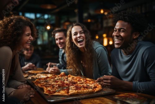 Multiracial group of employees sharing a pizza during a lively office break  Generative AI