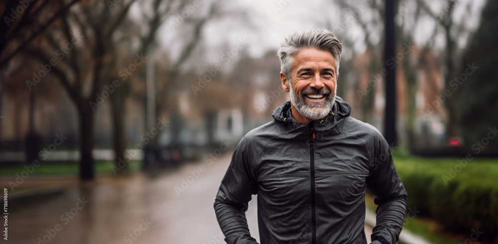 Portrait of smiling senior man in sportswear standing in park.   Sport and healthy lifestyle concept.Generative AI