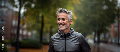 Portrait of smiling senior man in sportswear standing in park. Sport and healthy lifestyle concept. Generative AI