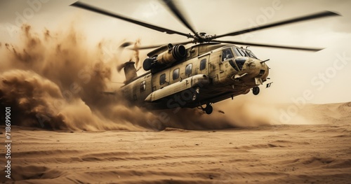 A military helicopter maneuvers over the combat zone, showcasing its presence in the midst of action.