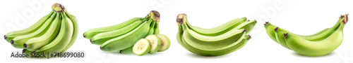 Green bananas, set of fruits isolated on white background