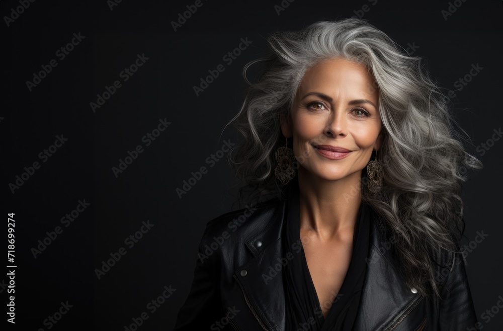 Gray haired woman posing on grey background, neurodiversity acceptance picture