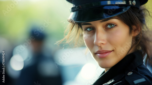 Policewoman smiling confidently with a blurred background.