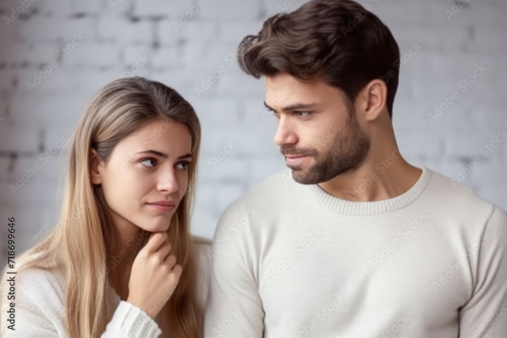 Apologetic woman makes amends with frustrated man post quarrel expressing regret and resolving differences, rejection and breakups acceptance image