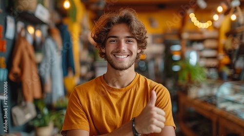 Capture the essence of happiness and modern lifestyle with a full-body shot of a young man in a purple t-shirt, presenting a smartphone's big blank screen, and giving a thumbs-up against a plain yello