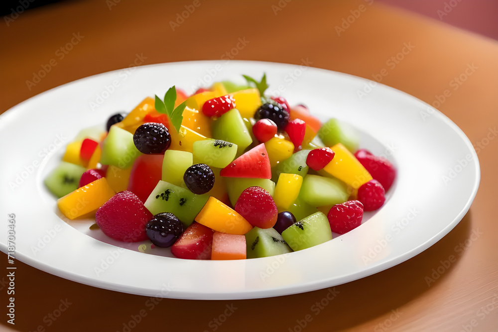 A plate of colorful fruit salad with a drizzle of honey