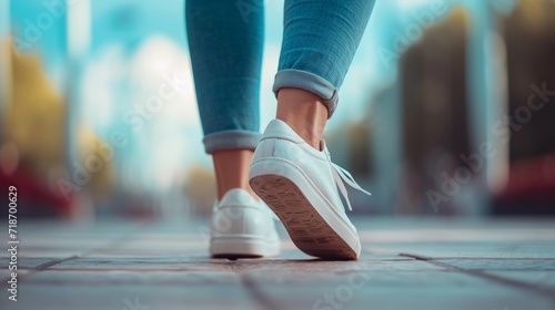 Close-up portrait of a woman's feet walking wearing casual shoes, generative AI © Hifzhan Graphics