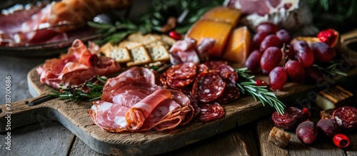 At the festive table, a variety of enticing cured meats, including sliced prosciutto ham, salami, and other delectable options, adorned the platter, inviting Christmas feasters to indulge in their