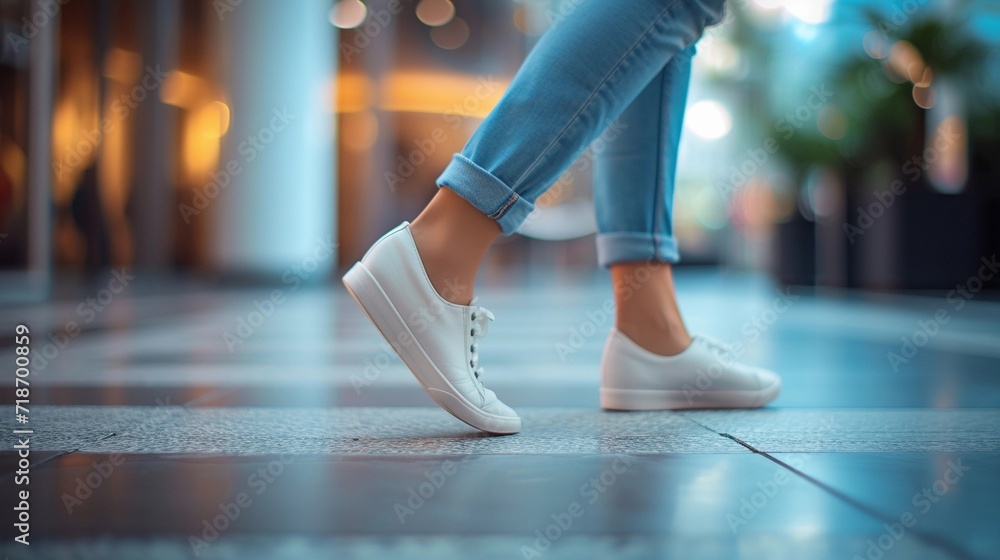 Close-up portrait of a woman's feet walking wearing casual shoes, generative AI Close-up portrait of a woman's feet walking wearing casual shoes, generative AI