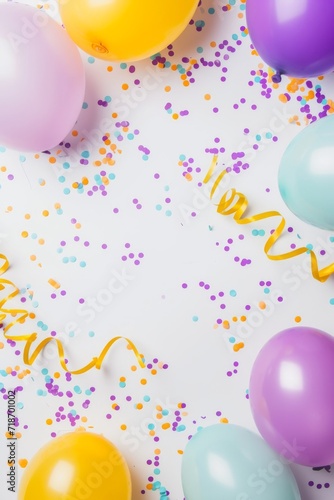 Celebratory Hues  Vibrant Balloons And Confetti Against A White Backdrop