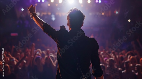 Back view portrait of a male singer in action raising his hand on stage facing a cheering audience, generative AI photo