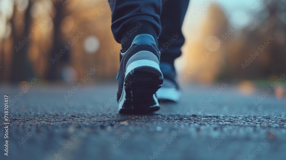 Close-up portrait of a man's feet walking wearing sports shoes, generative AI Close-up portrait of a man's feet walking wearing sports shoes, generative AI