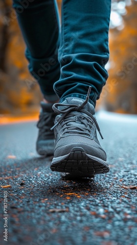 Close-up portrait of a man's feet walking wearing sports shoes, generative AI
