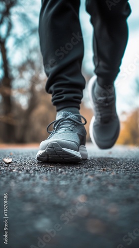 Close-up portrait of a man's feet walking wearing sports shoes, generative AI