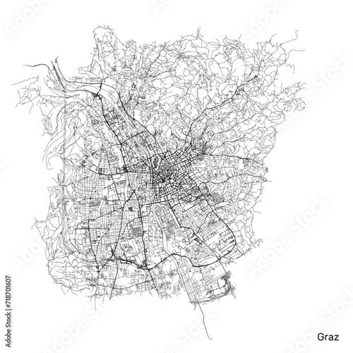Graz city map with roads and streets, Austria. Vector outline illustration.