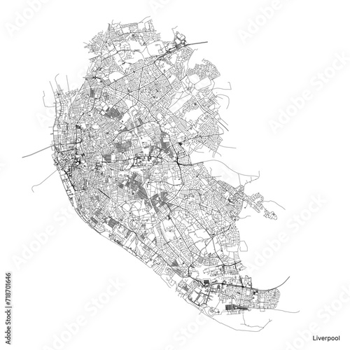 Liverpool city map with roads and streets, United Kingdom. Vector outline illustration.