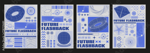 Y2k style banners set. Vector realistic illustration of retrowave aesthetic posters with blue wireframe torus, globe, diamond on gray background, retro futuristic vibe flyers, 2000s techno aesthetic