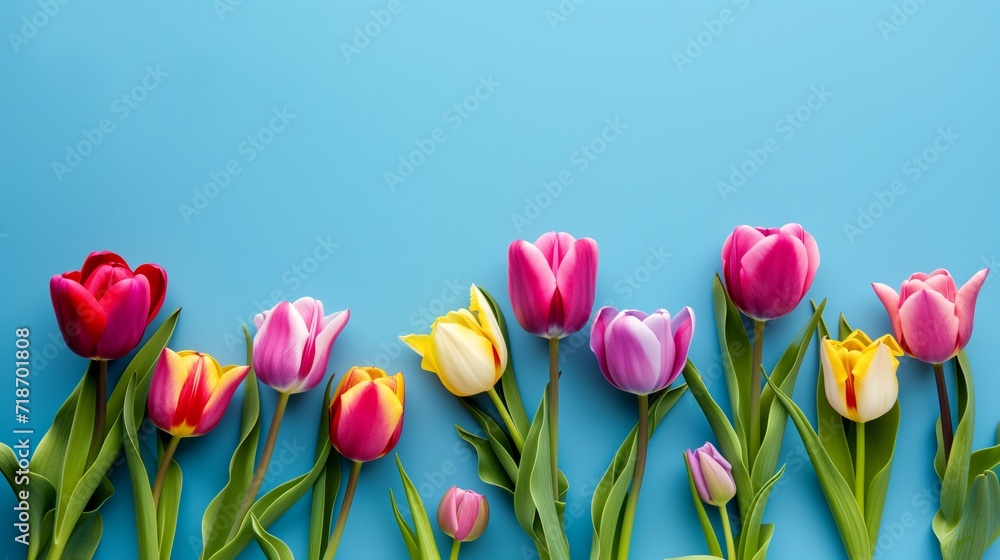 Tulips against a blue wall. Tulips against a blue wall.