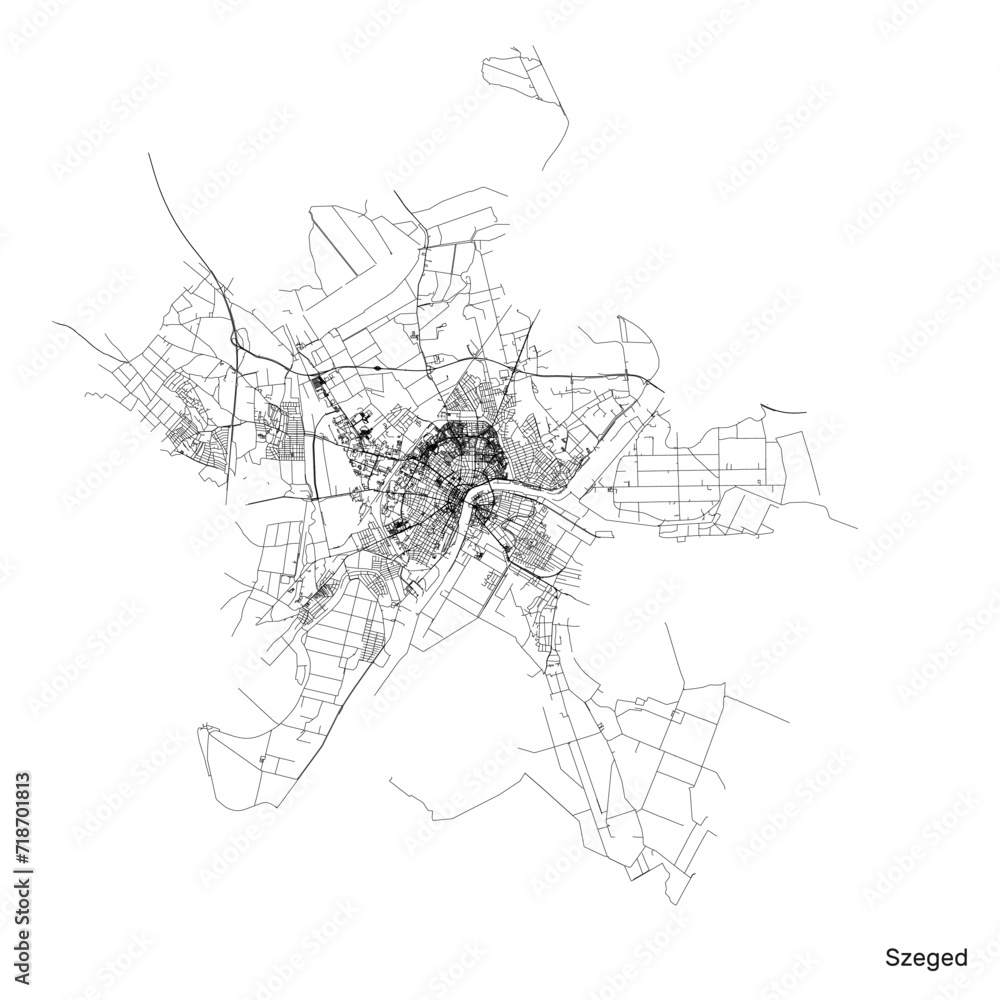 Szeged city map with roads and streets, Hungary. Vector outline illustration.