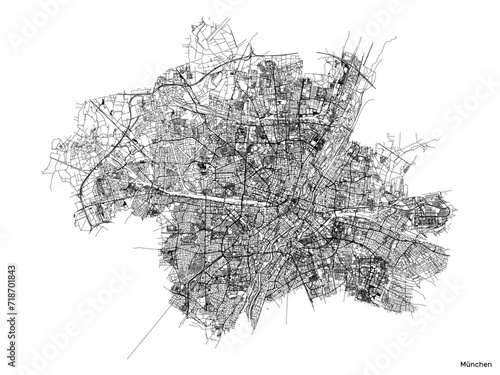 Munich city map with roads and streets, Germany. Black and white. Vector outline illustration.