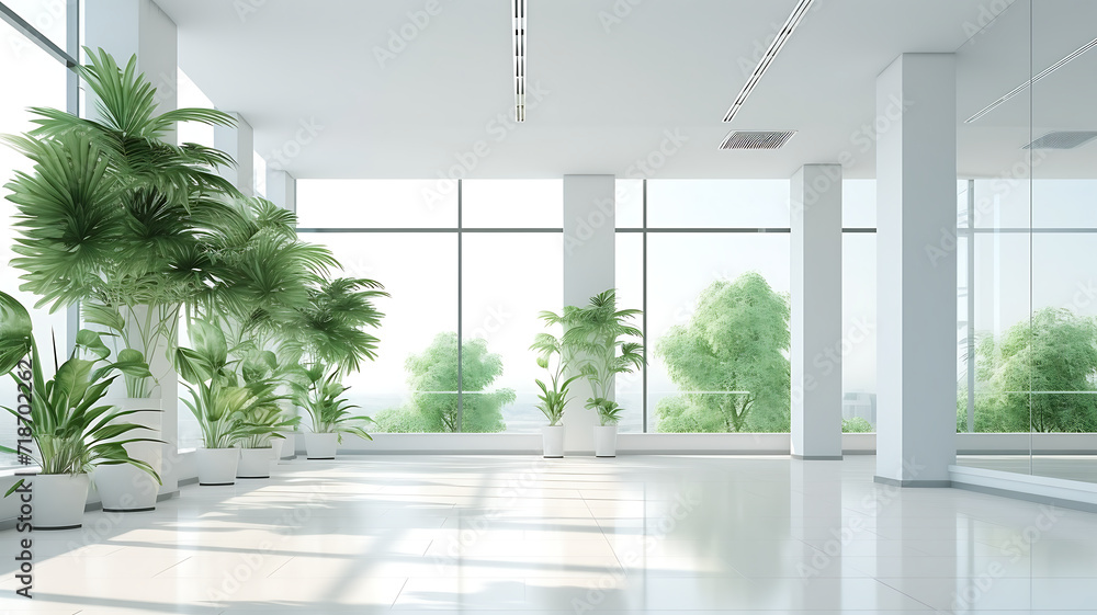 Fototapeta premium Interior of modern office with glass walls, white floor, rows of computer tables with white chairs and green plants.