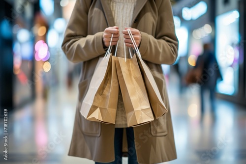 Unrecognizable woman in casual attire, hands filled with paper bags, in a well-lit shopping mall generative ai © Gilang