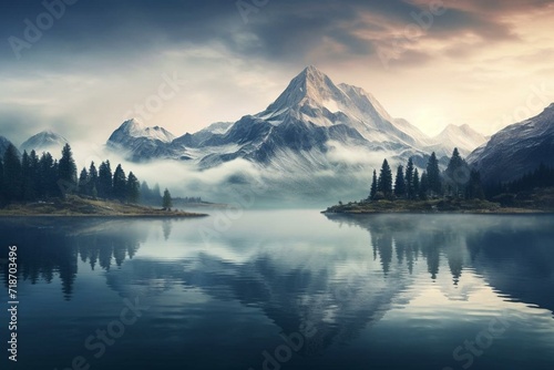 Scenic mountains at dawn with serene lake waters. Generative AI