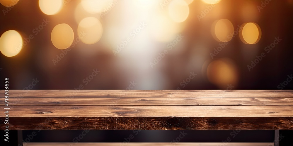 Cafe-themed background with a blurry wooden table, ideal for montages or product presentations with space for items.