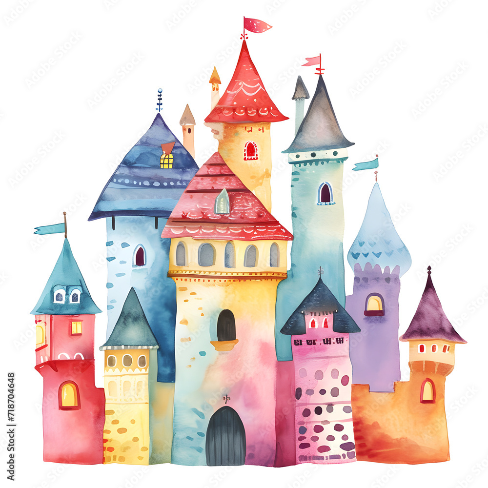 Enchanting Fairy Tale Castle. Watercolor Painting with Vibrant Colors and a Rainbow Palette, Create a Dreamy, Magical, Imaginary, and Whimsical Fantasy World. Vivid Landscape in Artistic Illustration.
